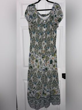 Bohemian Floral Maxi Dress - White with Blue & Green Floral